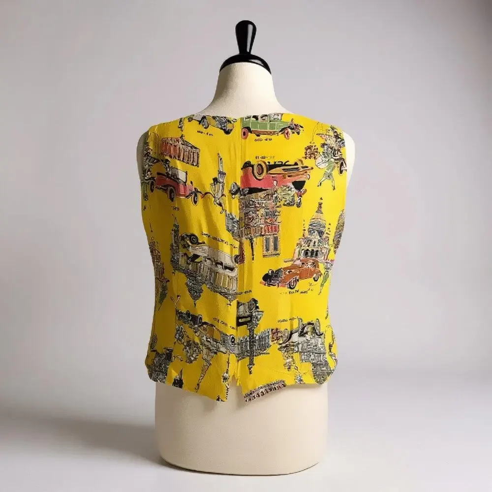 Vintage Criscione 100% Silk Top - Bold Yellow - Art Deco Cityscape - Picture 2 of 6